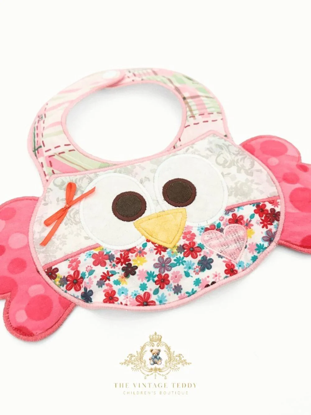 NWT Adorable Girl Boutique Embroidered Patchwork Baby Bib Floral Polkadots Owl
